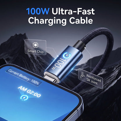 🔌50% OFF NOW! 100W Ultra-Fast Charging Braided Cable – Smart Chip No-Overcharge USB C Charging Cable, Reinforced SR Joint Fast Charger Cord for Phones, Laptops & Tablets